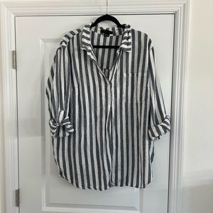 Blue/White Striped Plus Size Linen Blend Shirt